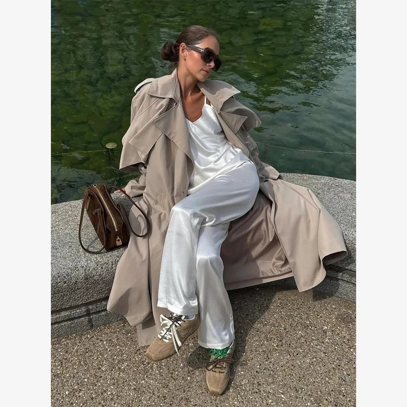 Navy Collar Lace Up Woolen Long Coat Women Elegant V-neck Full Sleeves Pockets Loose Overcoat 2026 Spring Lady Daily Street Wear