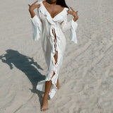 Womens V-Neck Ruffled Chiffon Beach Tunic - Long Sleeve Sunscreen Cover-Up Dress
