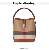 New canvas paired with cowhide women's shoulder crossbody bag, fashionable plaid pattern bucket bag