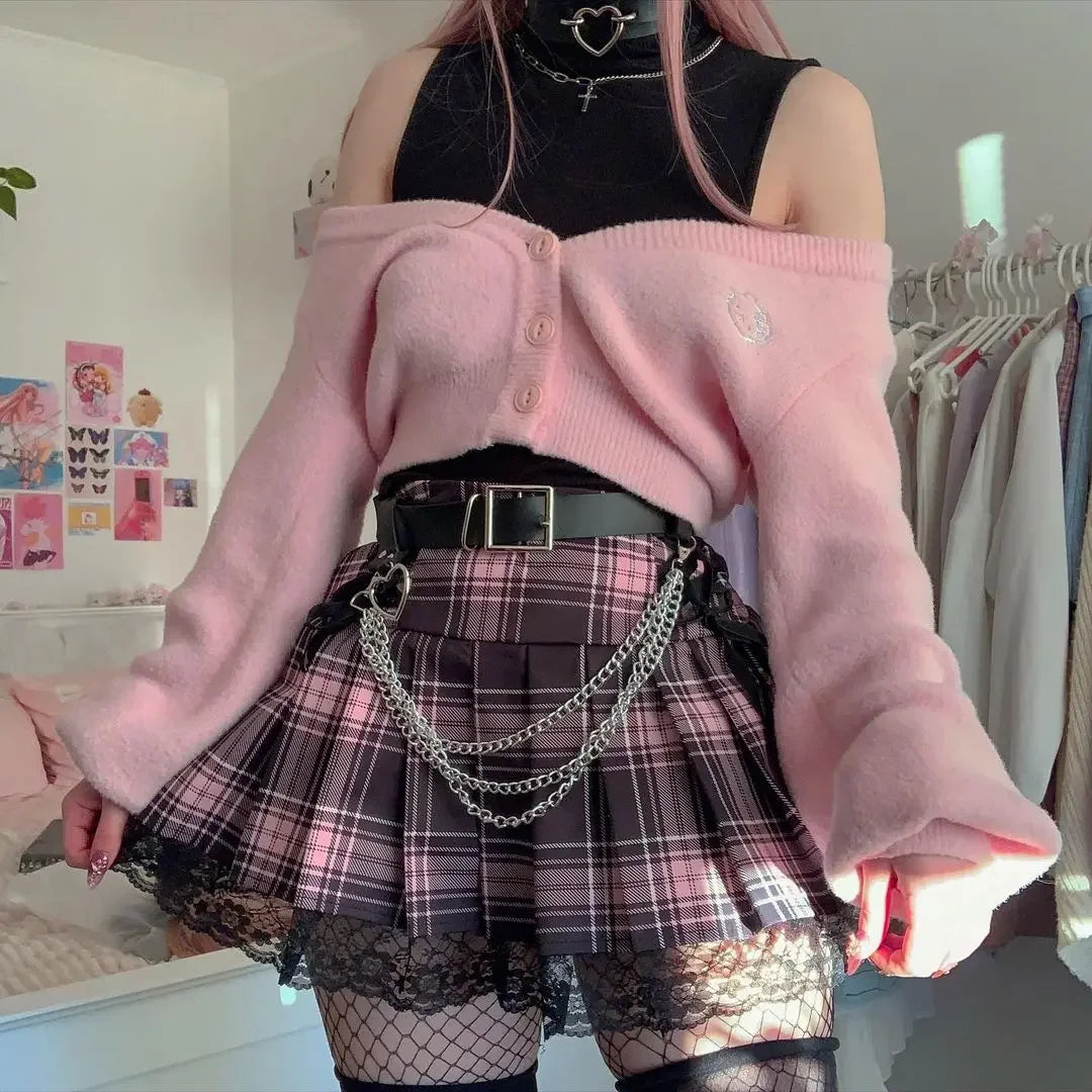 Pink Plaid Y2K Pleated Mini Skirt with Lace Trim