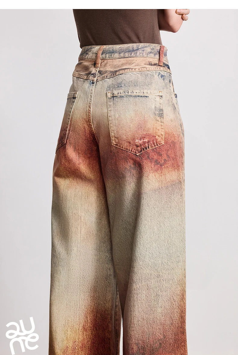 TOYOUTH Women Jeans 2026 Spring New Wilderness Wasteland Style Mid Low Waist Loose Printed Wide Leg Pants