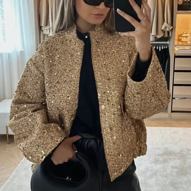 Suninheart Women's Sequined Bomber Jacket Fall O Neck Long Sleeve Pocket Stretch Hem Sequins Jacket Coat Female Chic Outerwear