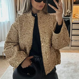 Suninheart Women's Sequined Bomber Jacket Fall O Neck Long Sleeve Pocket Stretch Hem Sequins Jacket Coat Female Chic Outerwear