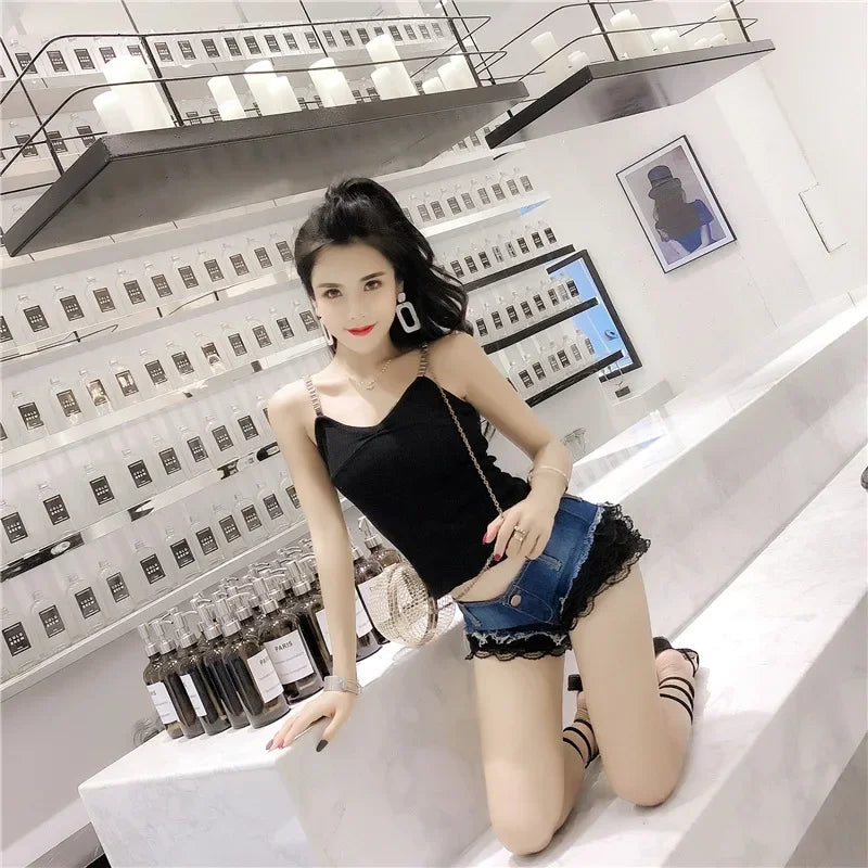 Women's Y2K Low-Waist Lace Denim Shorts - Sweet & Spicy Style