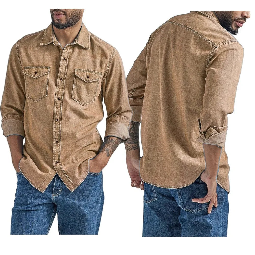 Men's Denim Shirt Slim Fit Light Blue Long Sleeve Casual Top with Two Chest Pockets Button Front Copper Buttons Washed Gray