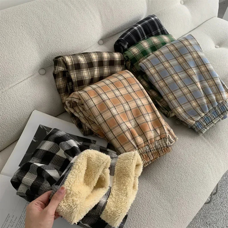 Plaid Plush Wide-Leg Trousers