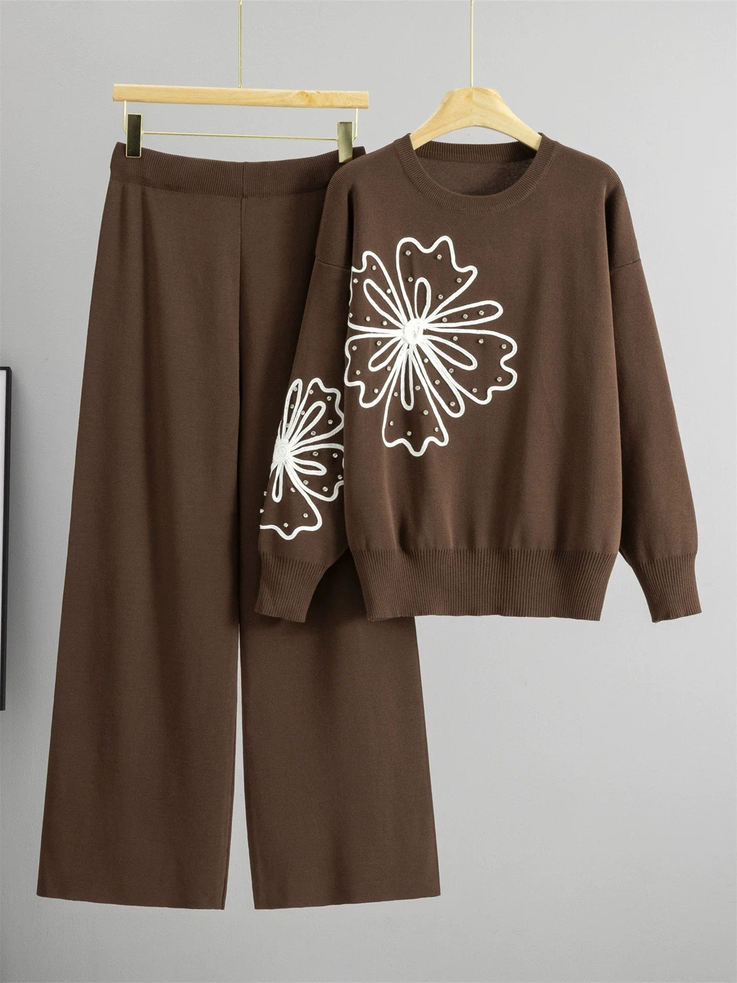 USA-Made Chic Rhinestone Knitted 2-Piece Set – High-Waist Wide Leg Lounge Outfit