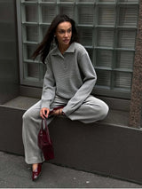 Hirsionsan Winter Thick Women Knitted Suits Soft 2 Pieces soft Female Sets Polo Neck Sweater & Wide Leg Pants Knitted Outfit