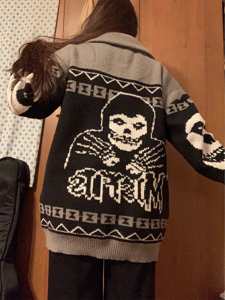 Y2K Gothic Ghost Portrait Knit Sweater – Oversized Harajuku Fall/Winter Cardigan
