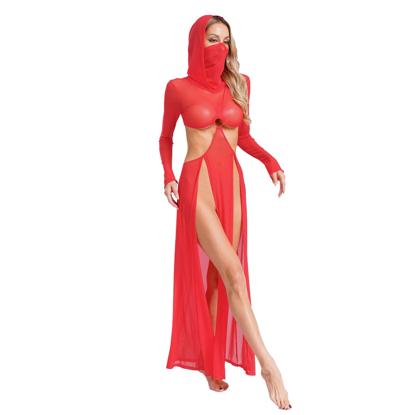 Women’s Hooded Mask Sheer Maxi Dress