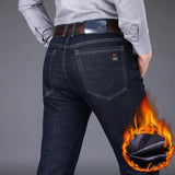New Men's Fleece Warm Jeans Winter Thicken Plush Velvet Business Office Denim Trousers Brand Clothing Stretch Casual Male Pants