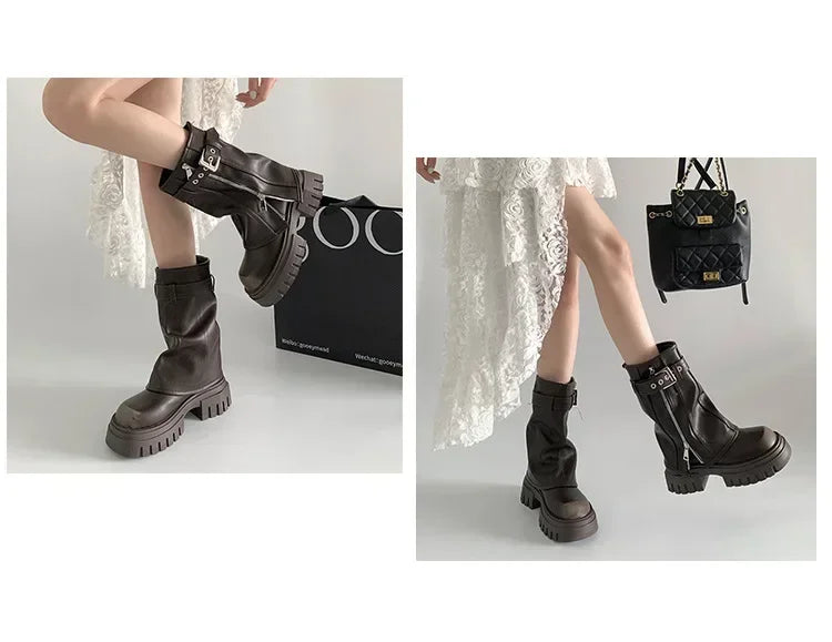 Women's Biker Boots – Belt Buckle Platform Mid-Calf