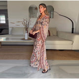 Women V Neck Vintage Vine Print Batwing Sleeve Maxi Dress Drawstring Waist Loose Flare Long Dress Mesh Texture Beach Vacation