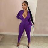 Sleek Deep-V Zip-Front Bodycon Romper – Athletic Fitness Jumpsuit