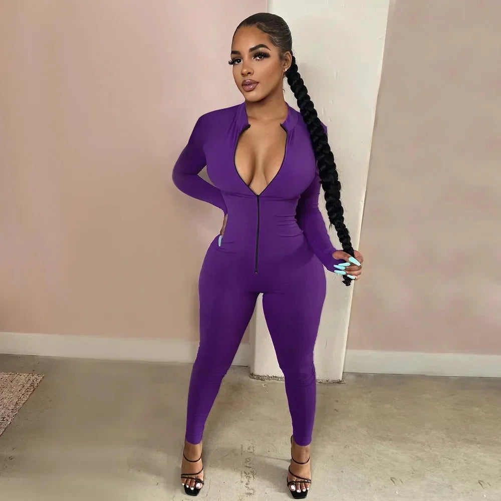 Sleek Deep-V Zip-Front Bodycon Romper – Athletic Fitness Jumpsuit