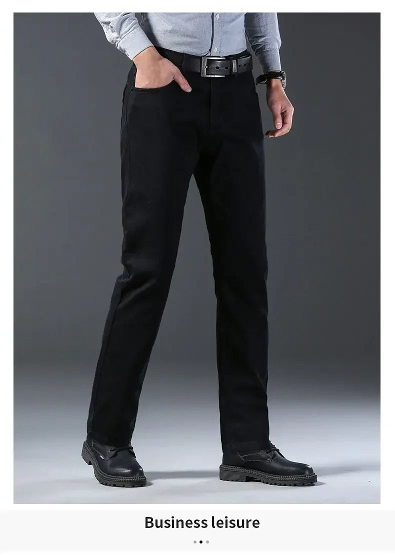 High Quality Autumn Winter Solid Color Black Men's Jeans Classic Stretch Denim Pants Work Business Cotton Trousers Plus Size 40