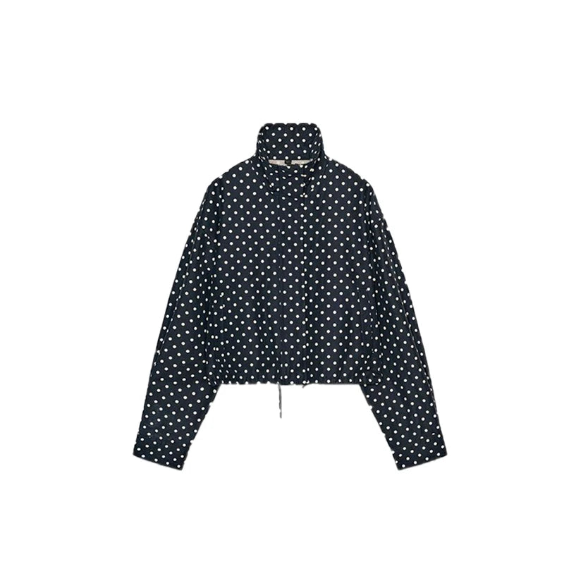 Fashion Navy Polka Dot Shorts Set For Women Casual Stand Collar Zipper Jacket & High Waist Shorts Lady 2026 Spring Chic Outfits