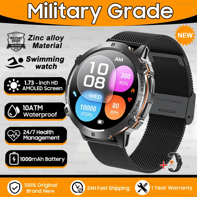 2025 New 1000mAh Battery Sports SmartWatch 1.73" AMOLED Screen 10ATM Waterproof Compass Altimeter Military T-Rex3 Smartwatch Men