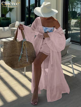 Clacive Casual Loose White 2 Piece Sets Women Outfit 2025 Elegant Long Sleeve Robes With Mid Waist Shorts Set Female Clothing