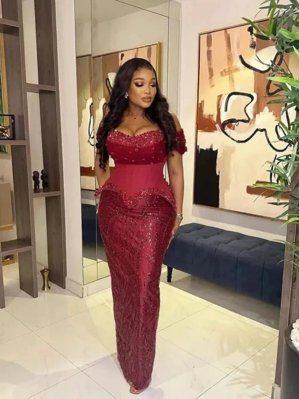 Crystal Beaded Mermaid Evening Gown | Off-Shoulder