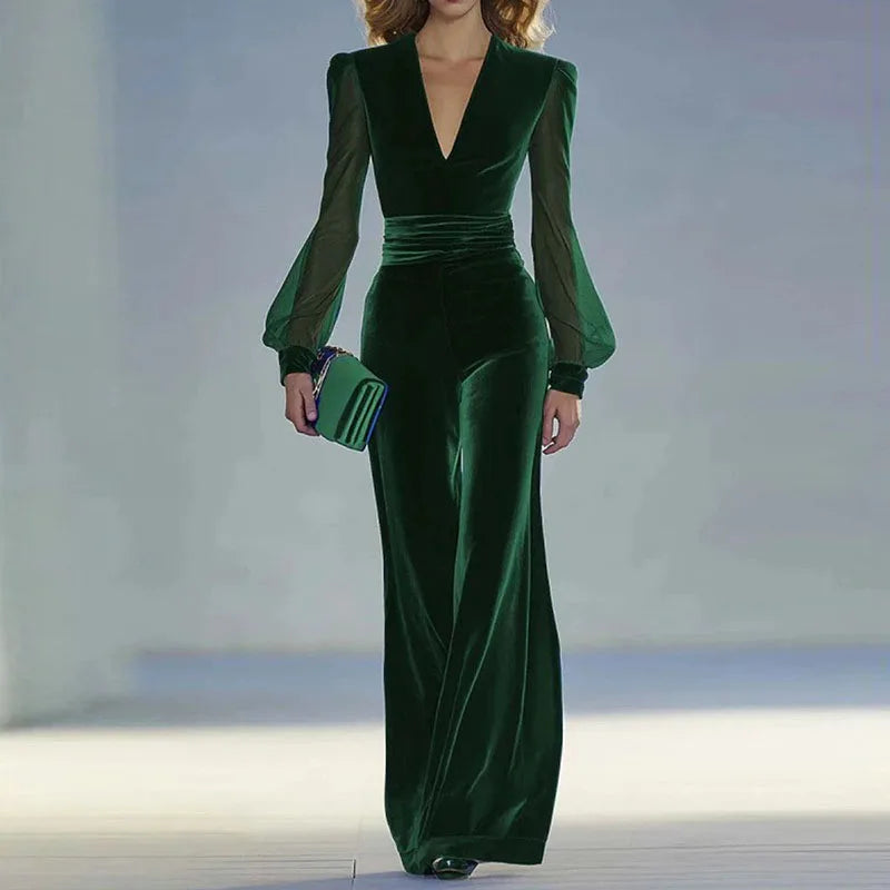 Deep V-Neck Velvet Jumpsuit – Elegant High-Waist Mesh Long Sleeve Romper