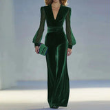 Deep V-Neck Velvet Jumpsuit – Elegant High-Waist Mesh Long Sleeve Romper