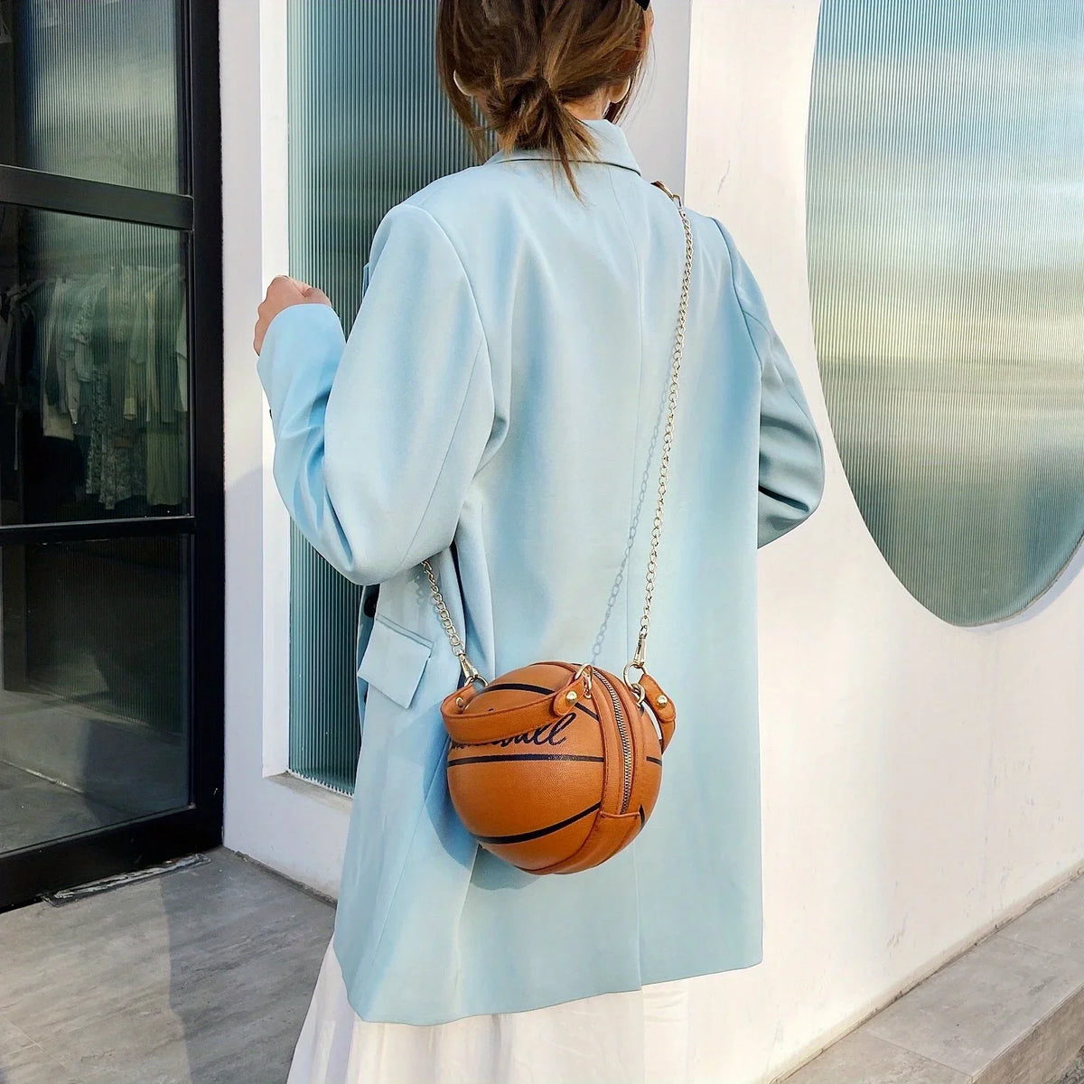 Basketball Shaped Crossbody Bag, Trendy Chain Shoulder Bag, PU Leather Top Handle Circle Purse handbags  women bag