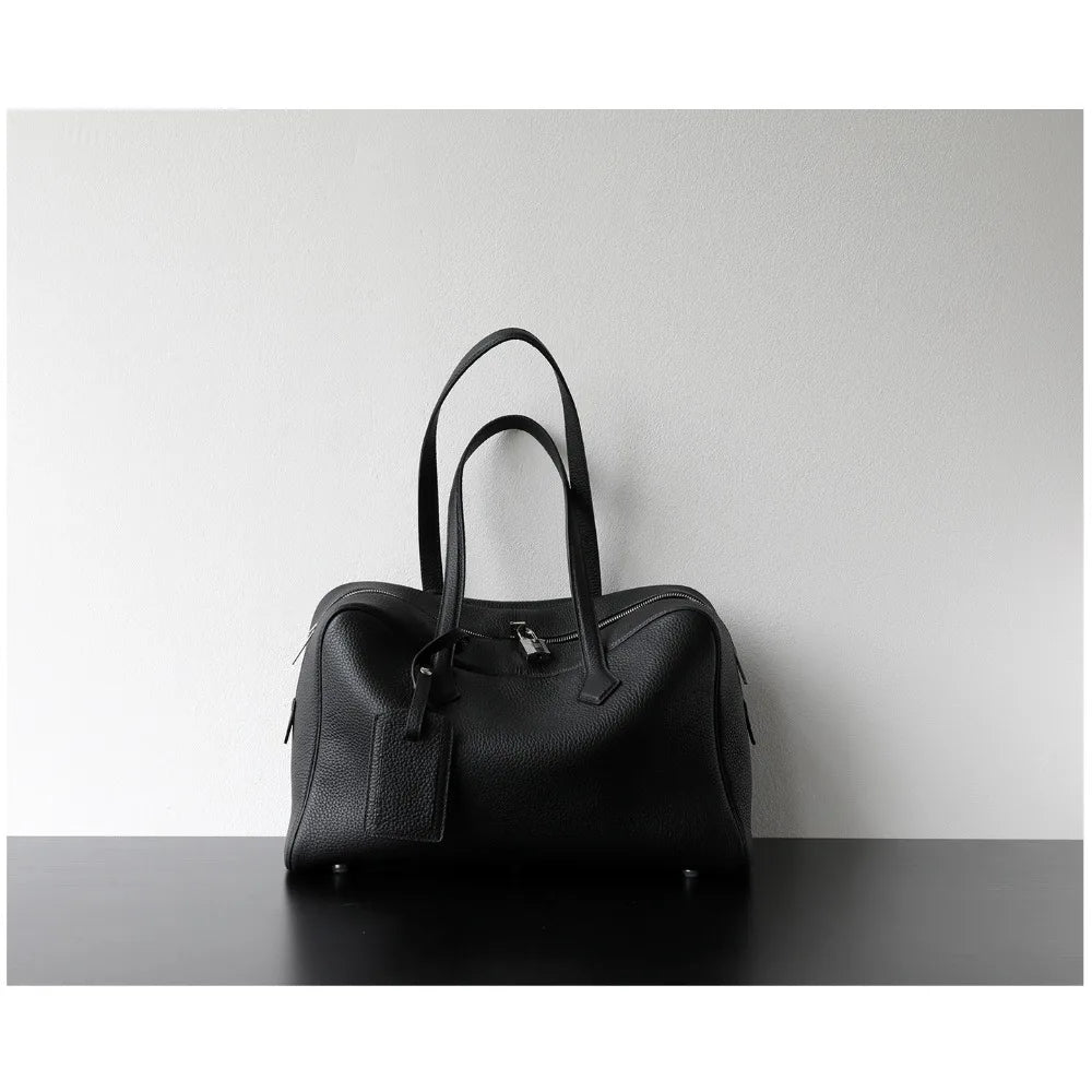 Premium First Layer Cowhide Boston Genuine Leather Women's Bag Simple Large Capacity Bowling Armpit Bag Portable Messenger Bag