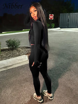 Nibber Sporty Casual 2 Piece Set Women Tracksuit Hooded Zip Crop Tops+Leggings Fitness Soft Stretch Streetwear Activity Suit