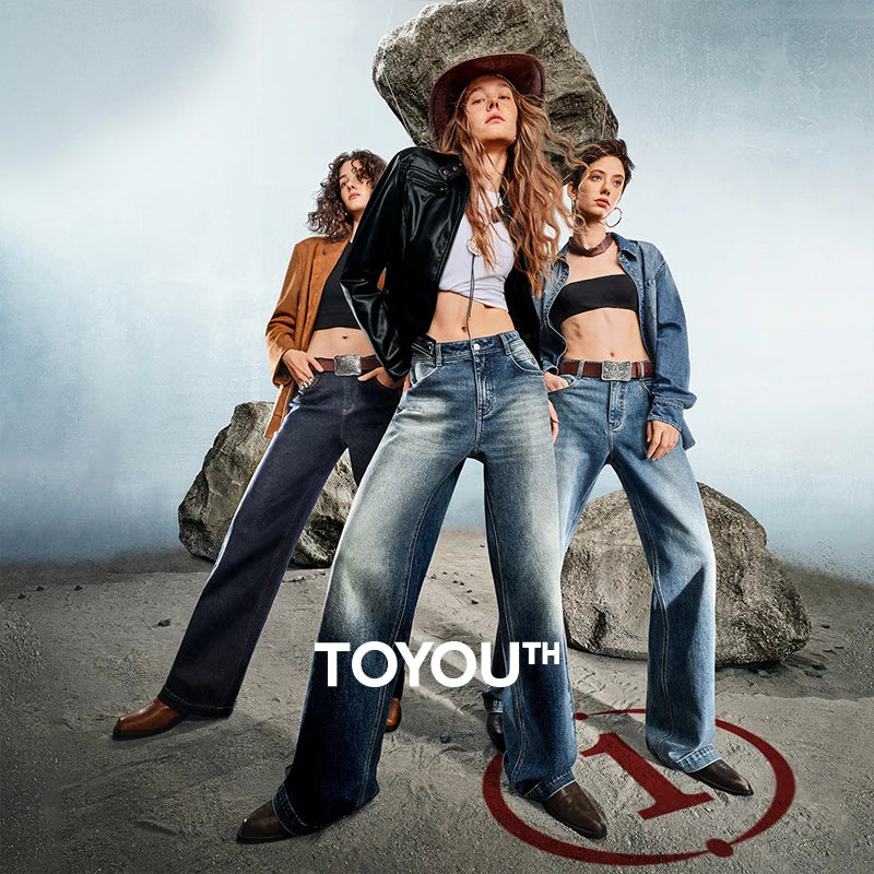 TOYOUTH Women Denim Jeans 2025 Autumn New Lycra Stretch Washed Wide Leg Straight Long Pants