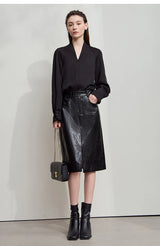 AMII Minimalist PU Leather Skirt for Women