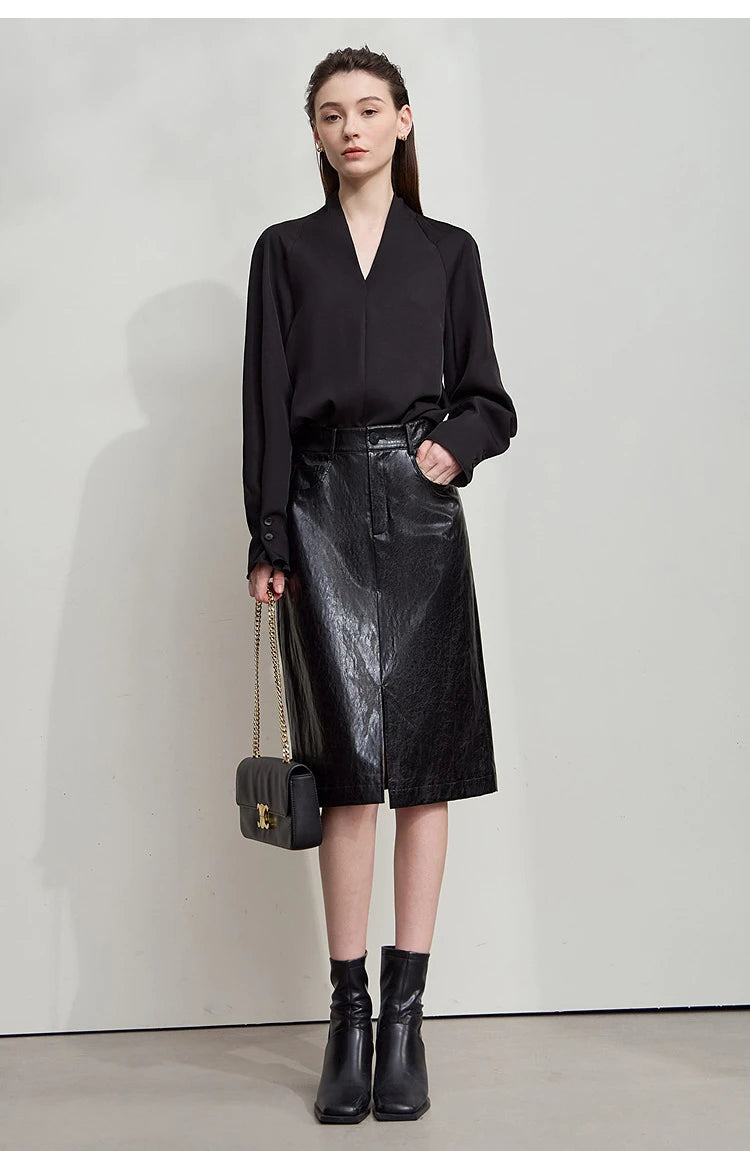AMII Minimalist PU Leather Skirt for Women
