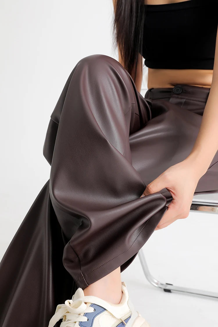 Women's High Waist Faux Leather Wide Leg Fleece Pants