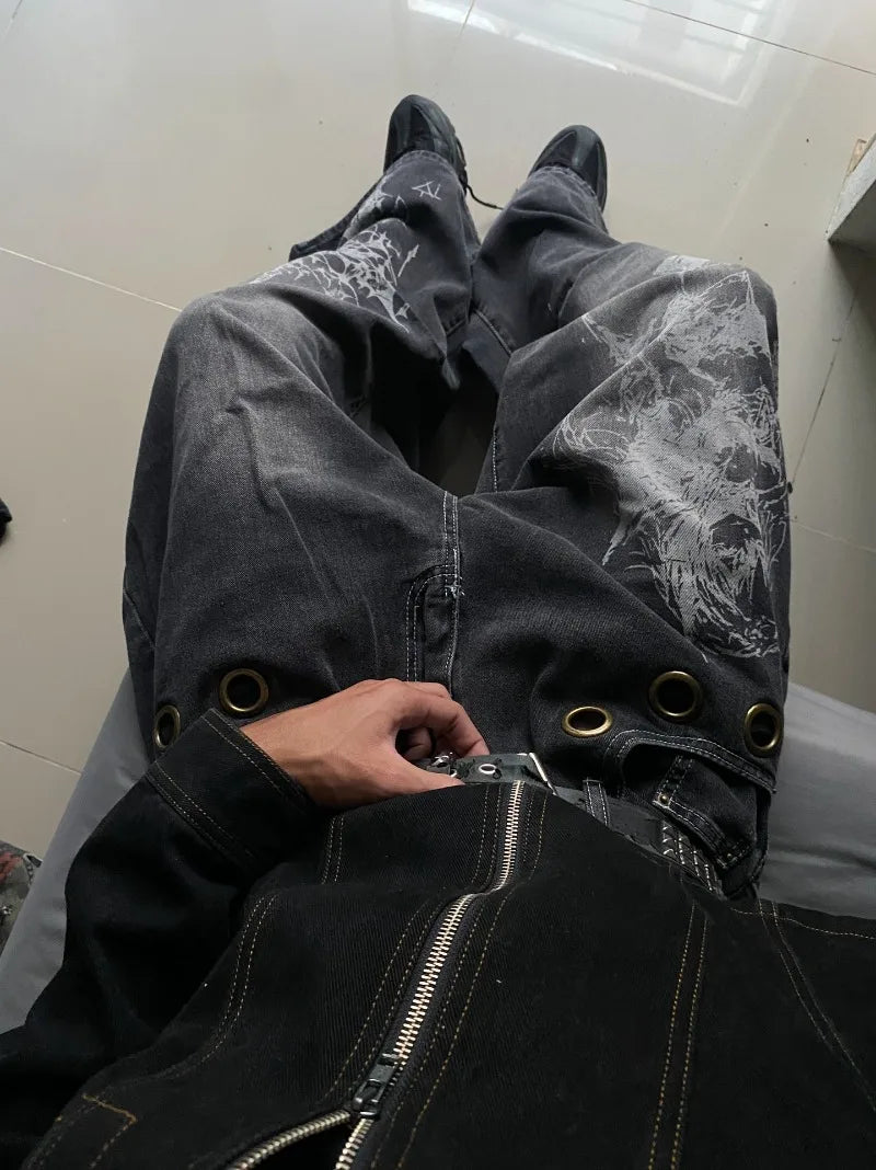 Men's Y2K Oversized Wide-Leg Embroidered Denim Jeans