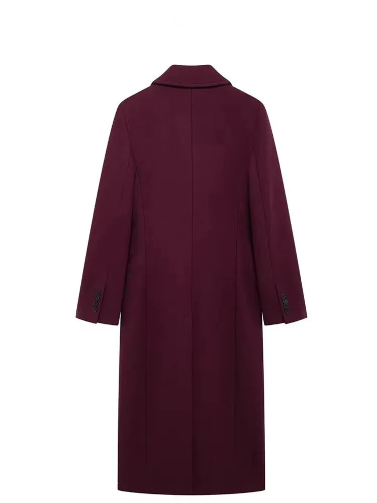 Elegant Burgundy Double-Breasted Long Coat