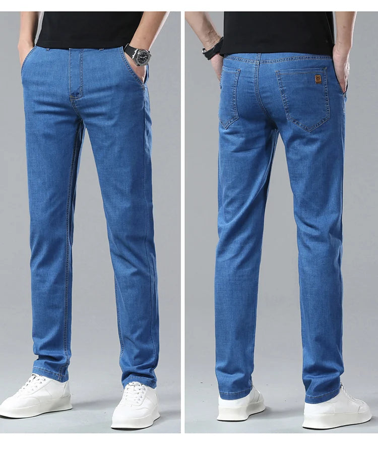 Light Blue Classic Business Casual Cotton Pants Fashion Breathable Denim Elastic Trousers Brand Men's Clothing Straight Jeans