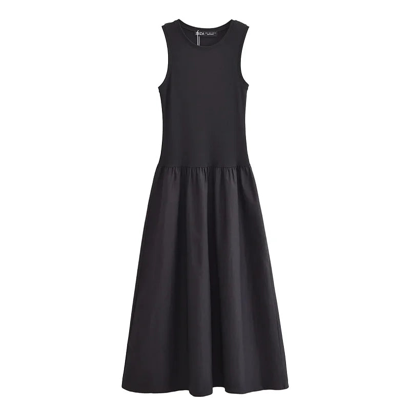 Khaki & Black Elegant Patchwork Maxi Dress – 2025 Spring Y2K Sleeveless