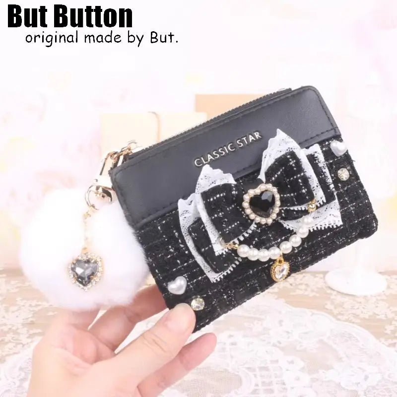 Kawaii Sweet Japanese Lolita Bow Wallet JK Harajuku Y2K Lace Rhinestone Short Wallet Mini Purse Card Holder Women Girls Gift