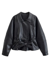 HH Women Vintage Motorcycle Jacket With Belt Faux Leather Trench Coat Long Sleeve Lapel Zipper Jacket Autumn High Street Outwear