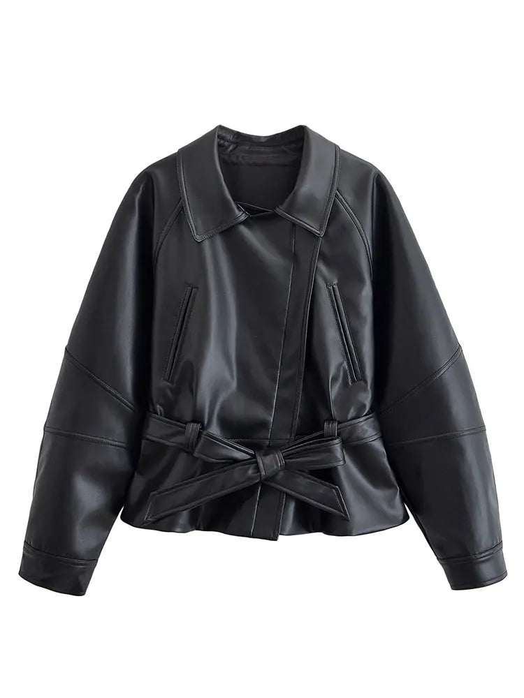 HH Women Vintage Motorcycle Jacket With Belt Faux Leather Trench Coat Long Sleeve Lapel Zipper Jacket Autumn High Street Outwear