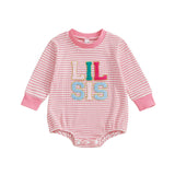 Infant Girls Jumpsuit Stylish Long Sleeve Crew Neck Romper with Embroidered Letters and Striped Design for Everyday Wear