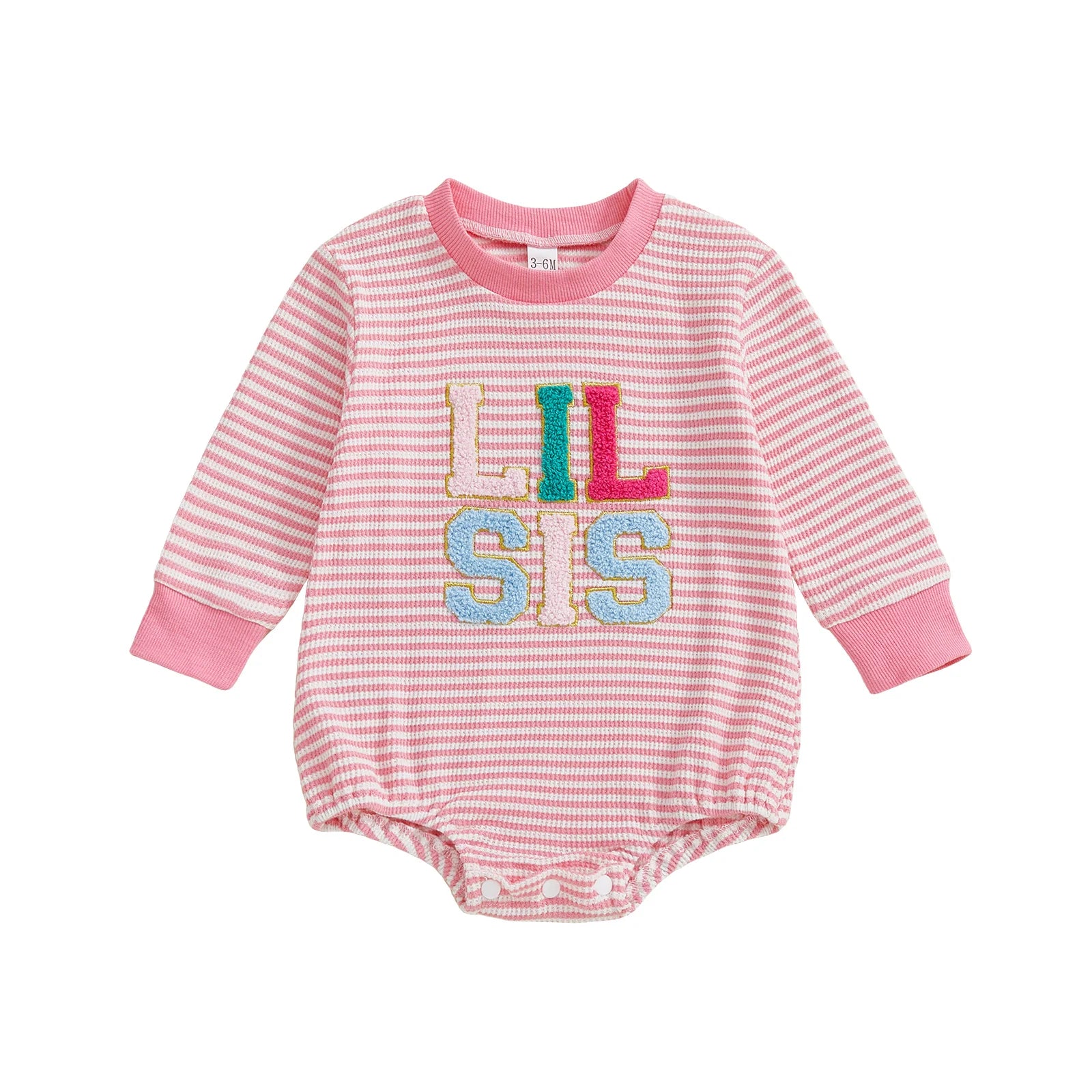 Infant Girls Jumpsuit Stylish Long Sleeve Crew Neck Romper with Embroidered Letters and Striped Design for Everyday Wear