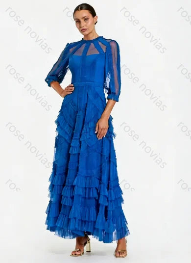 Customized Green Tulle High Quality Evening Dresses O-neck for Floor-Length Tiered A-line for Formal Evening Vestidos De Fiesta