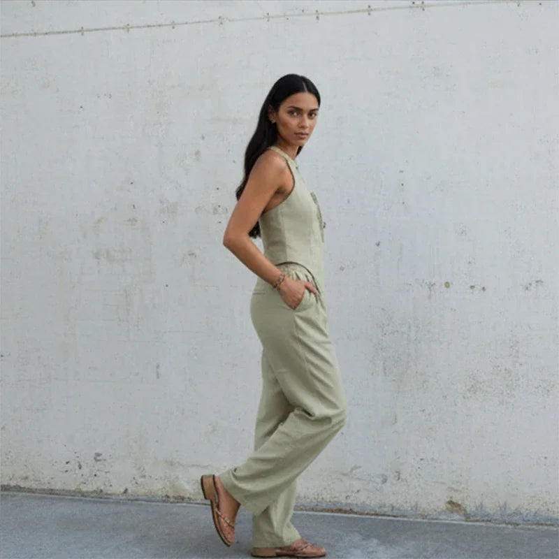 Women Green Bowknot Wide-leg Pant Suits Chic Solid Sleeveless Lace Up Slim Fit Long Pant Sets 2026 Lady Daily Street Outfits New