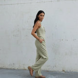Women Green Bowknot Wide-leg Pant Suits Chic Solid Sleeveless Lace Up Slim Fit Long Pant Sets 2026 Lady Daily Street Outfits New