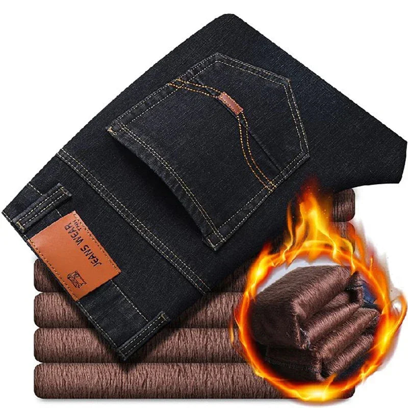 Men Winter Snow Warm Plush  Loose Minimalist Jeans Male Fleece Lined ThickenedStraight Denim Pants Slim Fit Elasticity Trousers
