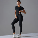Yoga Set Women Workout Set Sportswear Gym Clothing Fitness Shorts Sleeve Crop Top High Waist Leggings Sports Suits