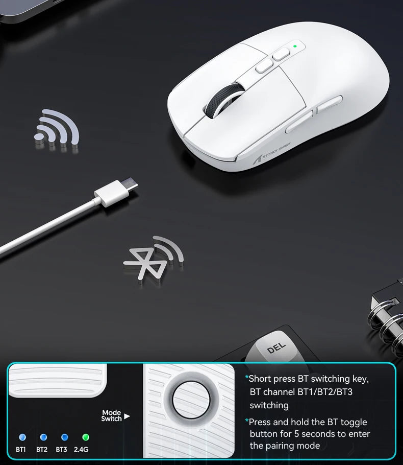 Attack Shark X6 Bluetooth Mouse Gaming Wireless Tri-Mode Connection,RGB Touch Magnetic Charging Base PAW3395 Macro Gaming Mouse