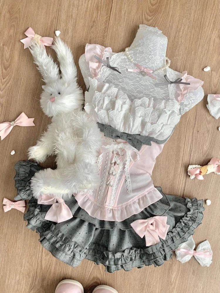 Japanese Pink Sweet Kawaii Lolita Elegant 2 Piece Sets Women Preppy Style Design Mini Skirt Suit Female Princess Chic Outfits