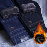 Men Autumn Winter Fleece Lined Thickened Jeans Male Business Straight Leg Loose High Waist Denim Pants Stretch Casual Trousers